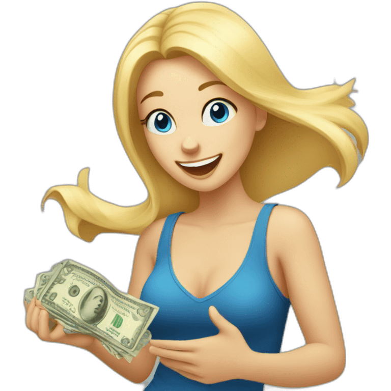 blonde girl with blue eyes rejoices and dances while holding money in her hands emoji