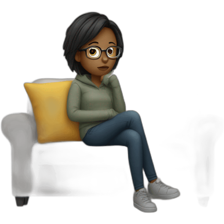 a girl with glasses sitting on a sofa having a bad cold emoji