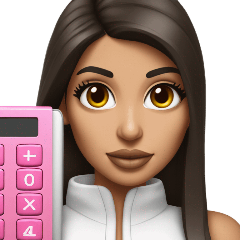 Hyper realistic kim kardashian with straight brown hair holding a pink calculator emoji