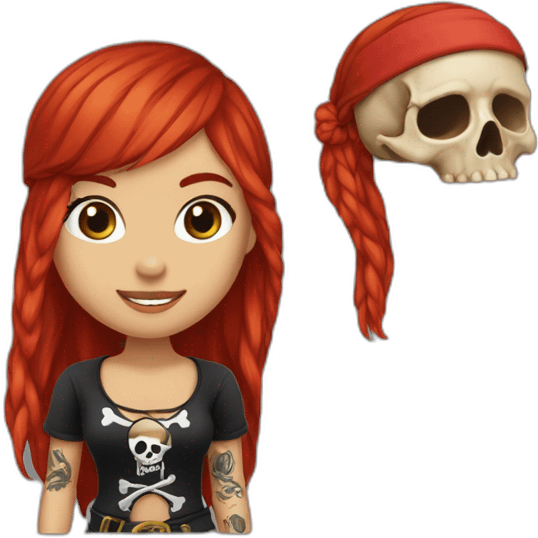 Woman long red hair, undercut, left side of head is shaved, tattoo on left side of head, pirate hat, skull and crossbones t shirt emoji