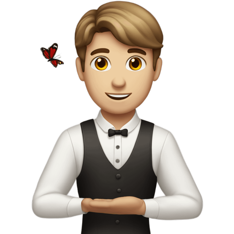 Brown hair light skin male waiter with red butterfly. Serving empty plate emoji