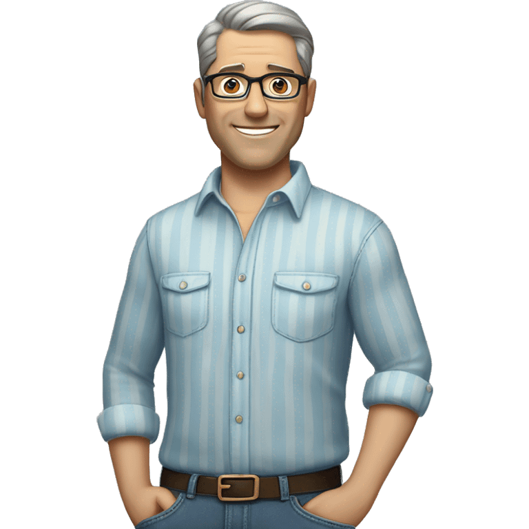 A middle-aged man with short dark hair and glasses, wearing a light blue striped shirt and jeans, standing casually with one hand in his pocket, smiling gently against a plain, neutral background. emoji