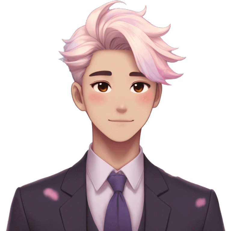 Gorgeous romantic anime style Asian formal modern gentlemanly guy with pretty hair and flower petals and blushing face aesthetic trending style outside with colorful gradient colors  pastelcore cottagecore kawaiicore emoji