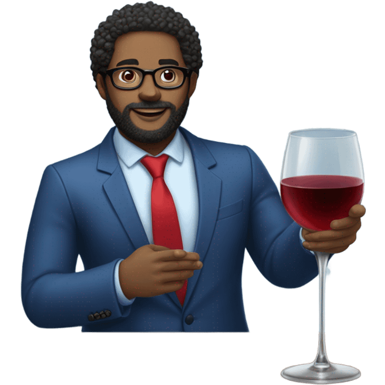 Curly hair with a fade, thick beard, black light skin guy wearing glasses wearing a blue suit and red tie holding three glasses of wine on his 2 hands emoji