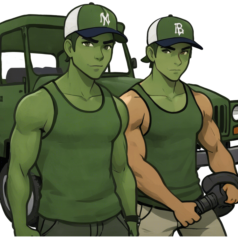 muscular boys outdoors with vehicle emoji