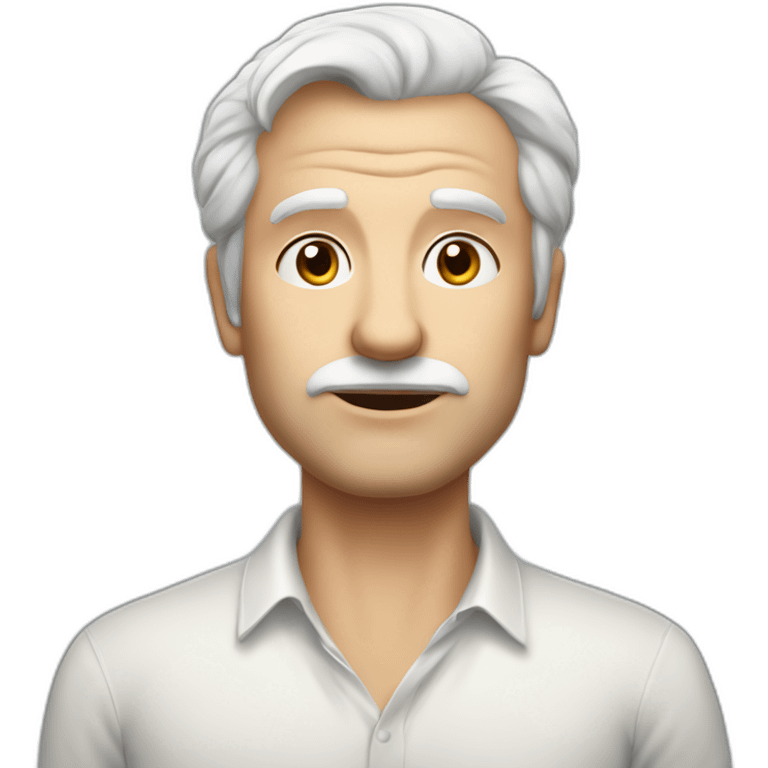 Unsure european shaved guy in his fifties with mid long white hair wearing a shirt saying hello emoji