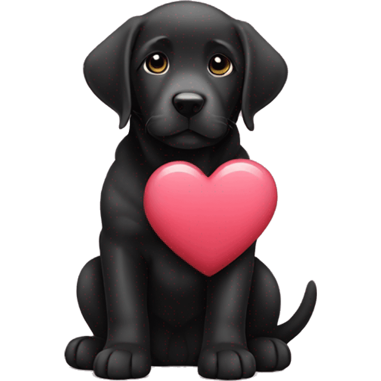 sitting black labrador puppy is holding a heart emoji