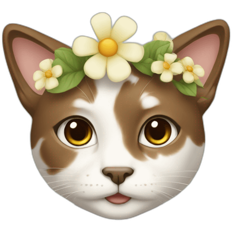 A while and cream cat with short wavy brown hair and spring flowers on its hair emoji