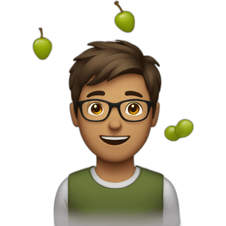 Young brown short haired men with glasses throwing grape emoji