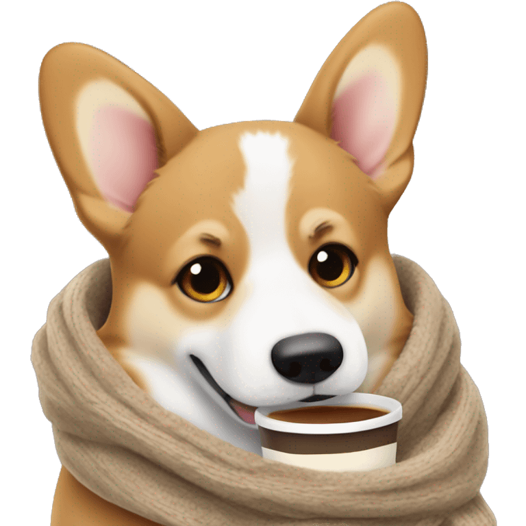 “Cozy Welsh corgi holding a coffee cup, with sleepy eyes and a warm scarf, looking perfect for a morning mood emoji emoji