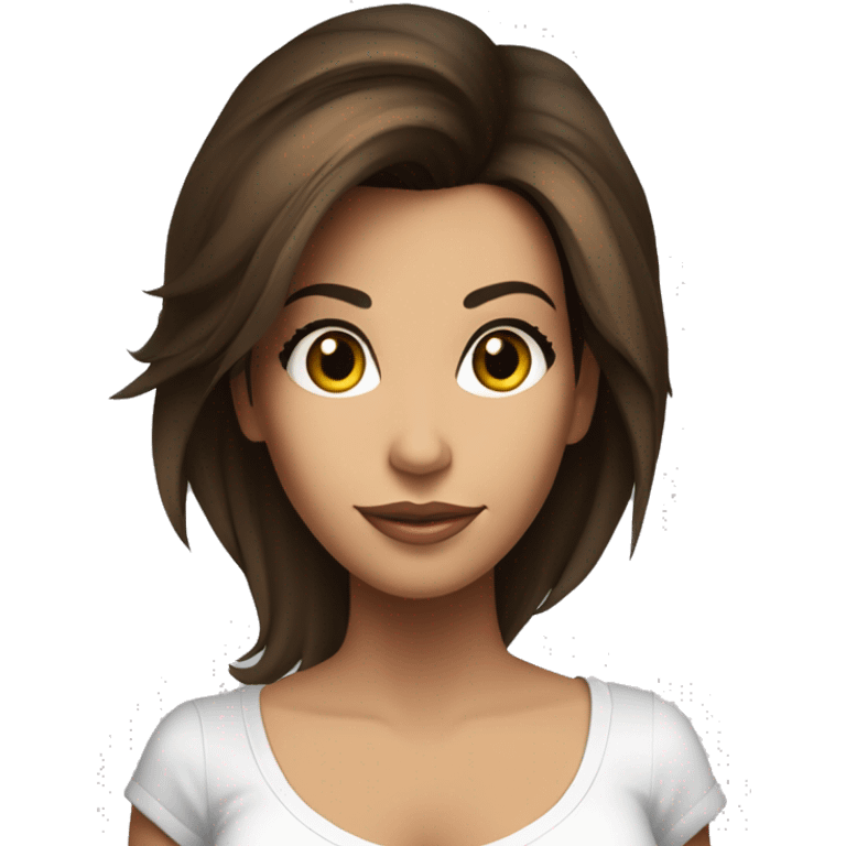 3/4 face, contrasted, shadow, light, Eva Longoria expression, standing, thin nose, brunette woman, hazel eyes, long eyelashes, dark shoulder shaded hair, white t-shirt, jeans, white sneakers emoji