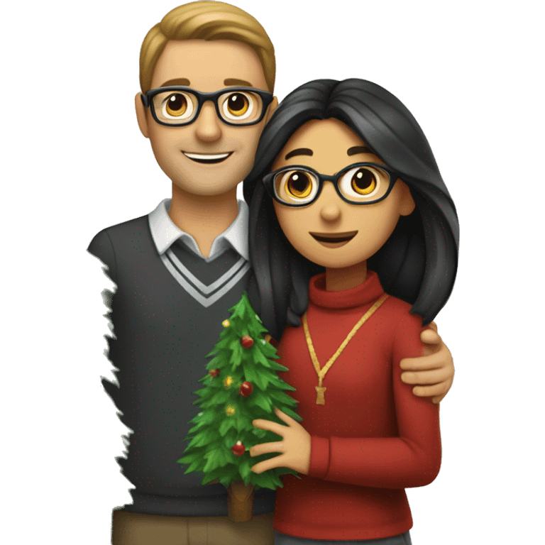 A girl with brown long hair hugs a man with black hair, ties and glasses. They are holding Christmas tree decorations emoji