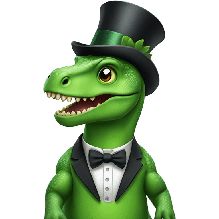 Green dinosaur with a top hat emoji