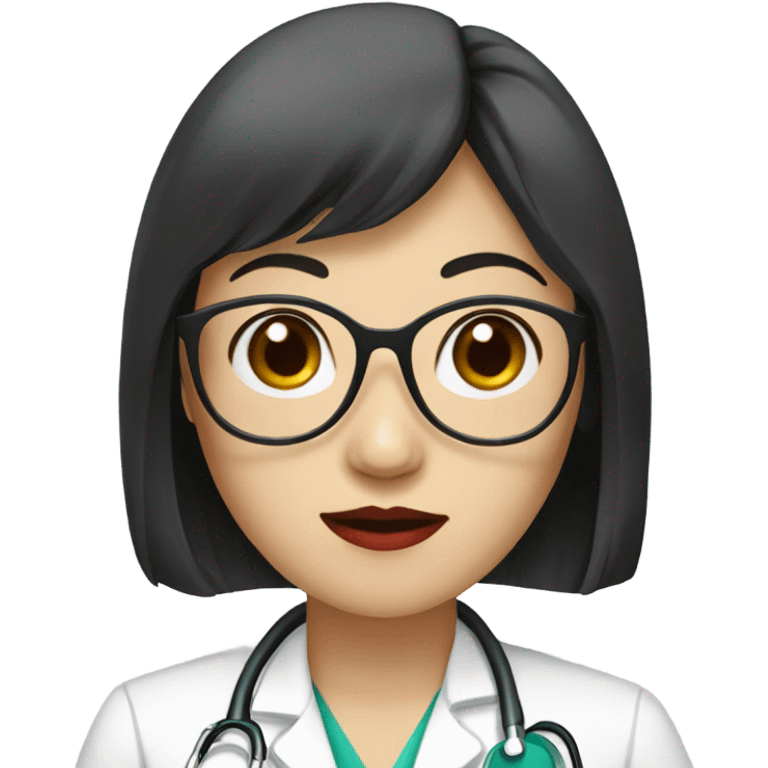 east Asian medical doctor woman with glasses with long hair and bangs and red lips emoji