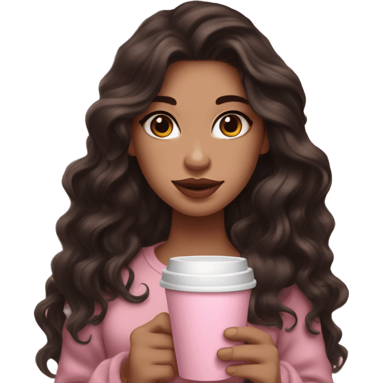 White skin , super dark brown wavy long hair , pink lips , pink cheeks, holding coffee, cozy emoji