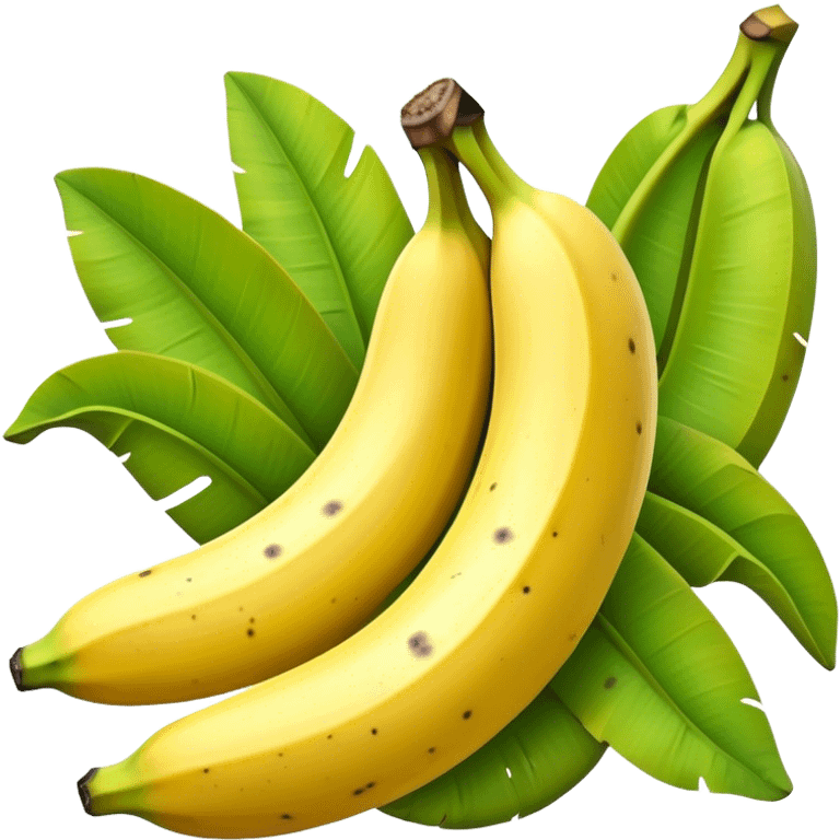 Cinematic Realistic Banana Emoji, Bright and cheerful, with a smooth, yellow peel slightly speckled with spots, revealing a soft, sweet interior. The banana is curved elegantly, standing out against the soft green leaves. Soft glowing outline, capturing the essence of tropical sweetness and energy in a ripe banana. emoji