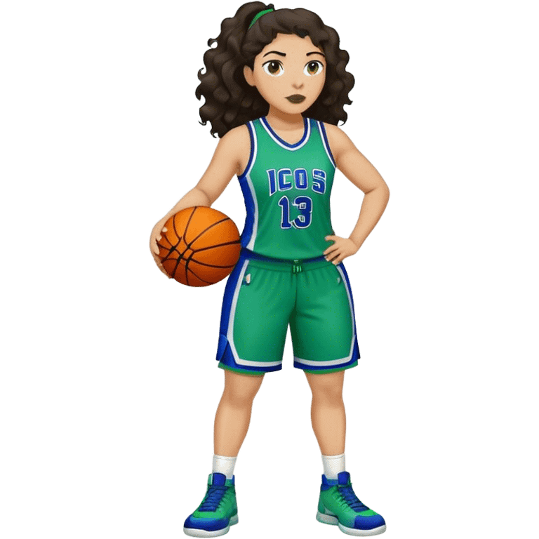 full body plus size light skin latino women basketball player with wavy dark hair large wide nose wearing blue with green uniform emoji