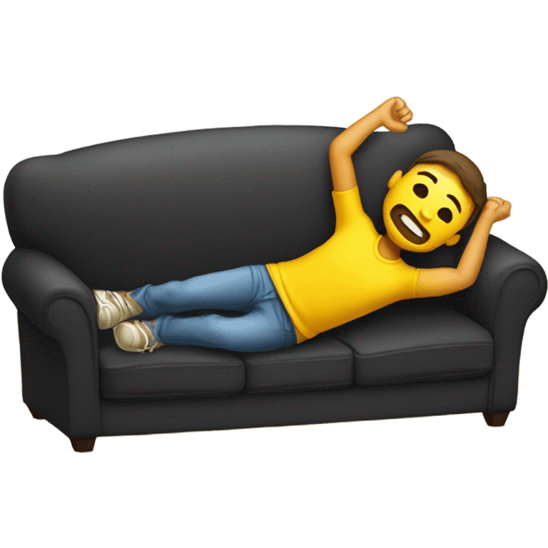 A person lying on a sofa, one leg crossed over the other, with hands behind the head, relaxing in a cozy setting, yellow emoji color skin, black t-shirt emoji