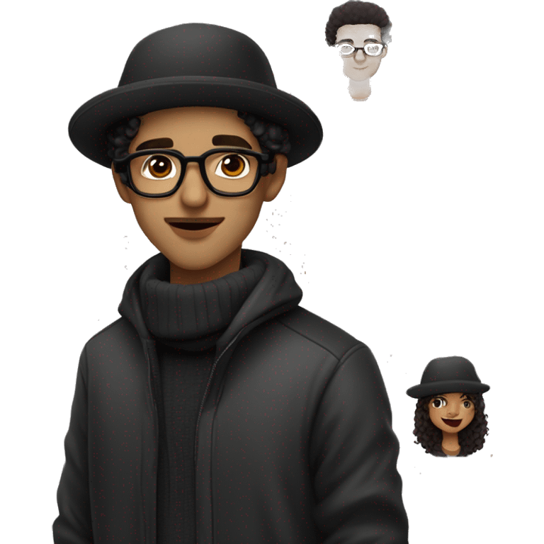 young arab guy with square gold transparent thin glasses, big lips, no beard, a lil bit mustache, curly hair and a black fishing hat, light skin, smiling with vampire teeth like, not much hair short curly hair, and neck warmer and soccer jacket emoji