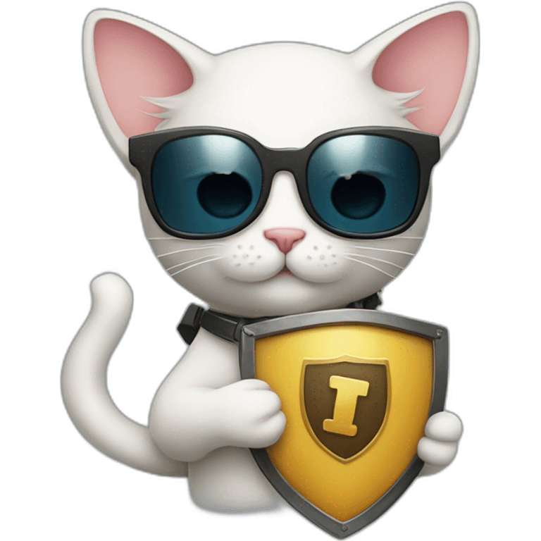 Cat with sunglasses holding a mouse on it’s tail with a shield saying ‚TOM‘ emoji