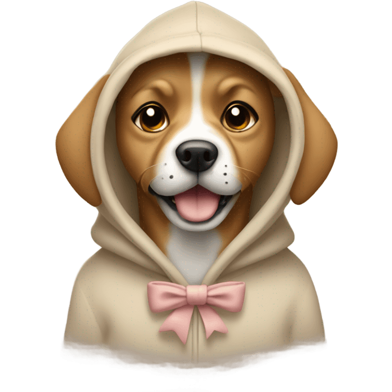 Dog wearing a beige hoodie with a bow in its fur emoji