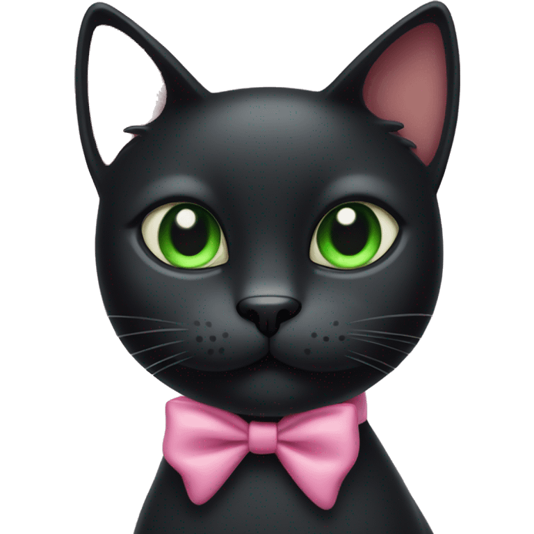 black cat with green eyes wearing a pink bow on her right ear emoji