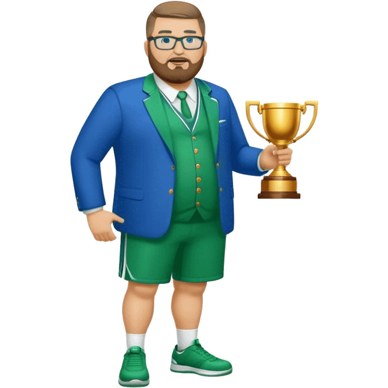 full body white obese male basketball coach with trophy. Goatee beard , Wearing glasses and blue and green suit emoji