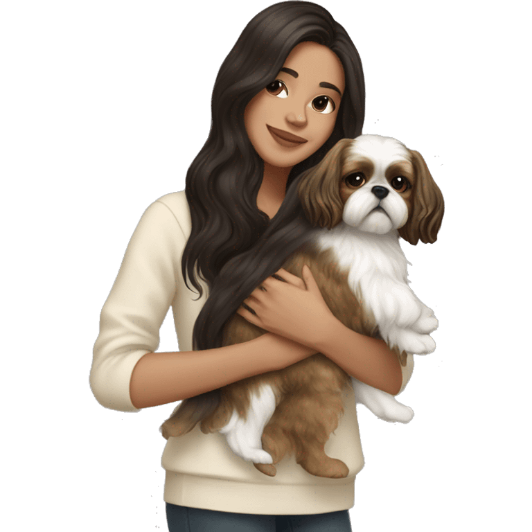 Young dark brunette hair woman with a golden shih tzu in her arms long wavy hair emoji