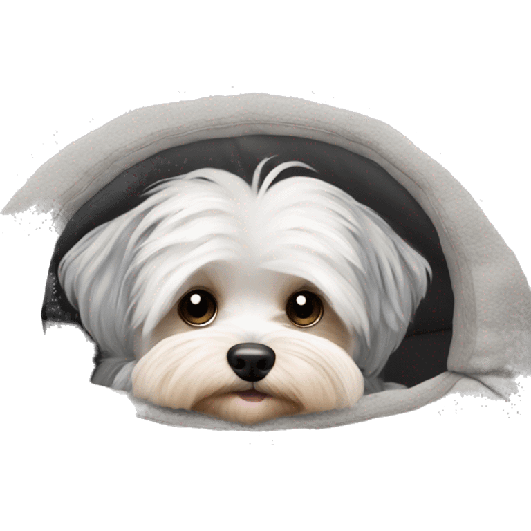 Gray hair Morkiepoo laying in plush dog bed emoji