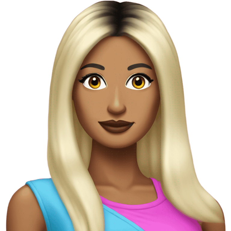 Tanned woman with long black hair, dressed in y2k Paris Hilton hair, makeup, and neon attire emoji