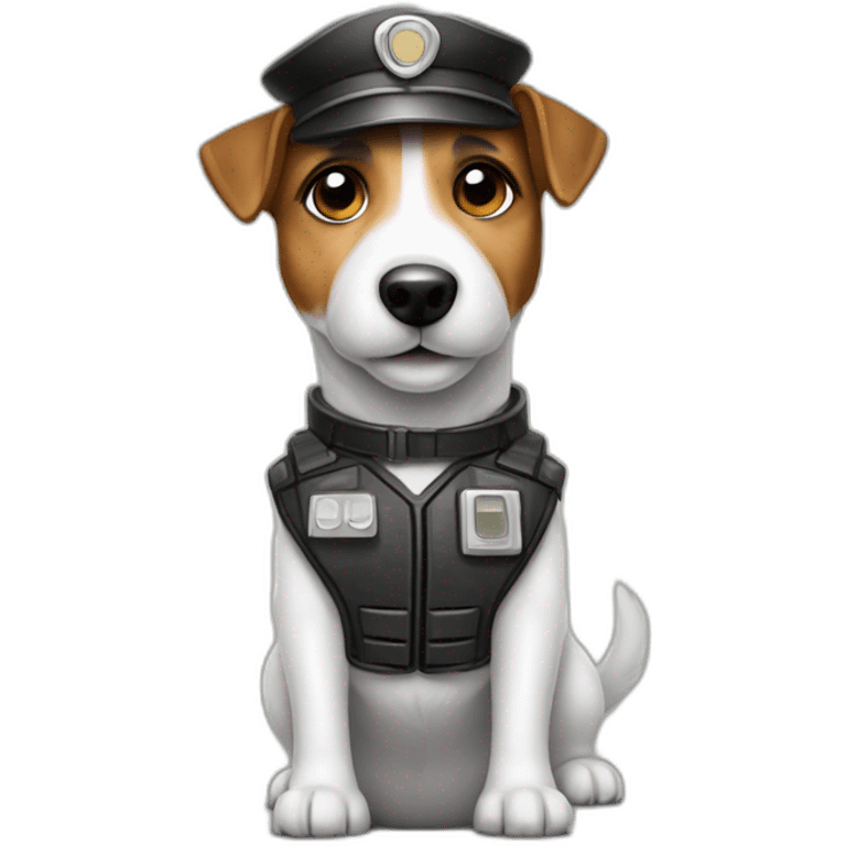 a jack russell terrier dog who works as a switchman and wears a bulletproof vest emoji