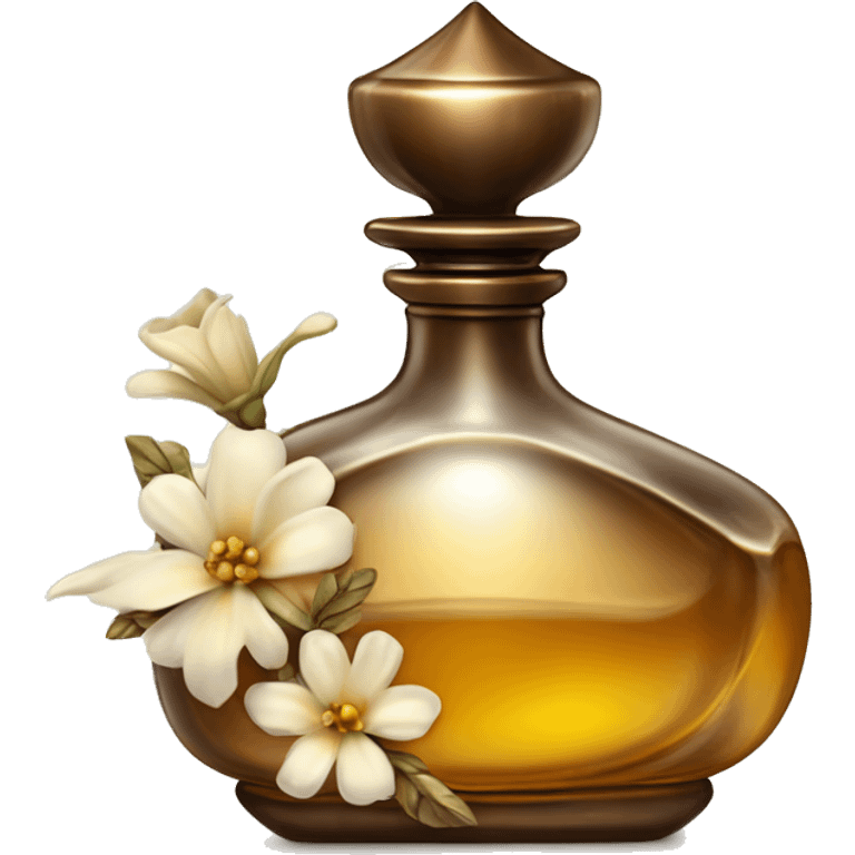 An antique perfume bottle with oil made of bronze and brown crystals, from which white cream and coffee milk flow, yellow flowers of fragrant vanilla lie next to it emoji