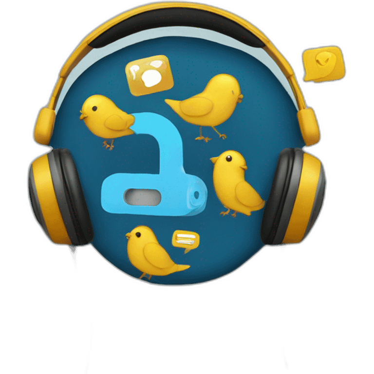 Headphones surrounded by social media graphics and symbols emoji