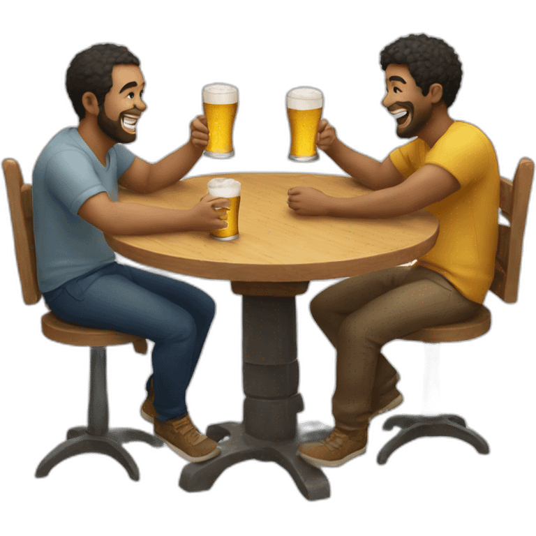 3 people laughing around a circular table with 3 beers on it . -no-yellow-people emoji