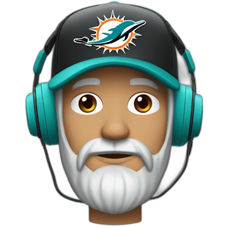 sad grey bearded man wearing a black cap and a headset with a miami dolphins t-shirts emoji