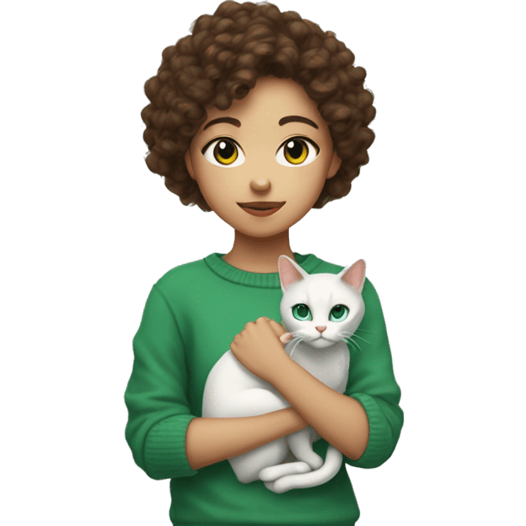 Oriental white with one eye blue one green cat on a hand of girl with brown curly hair, brown eyes in a sweater  emoji