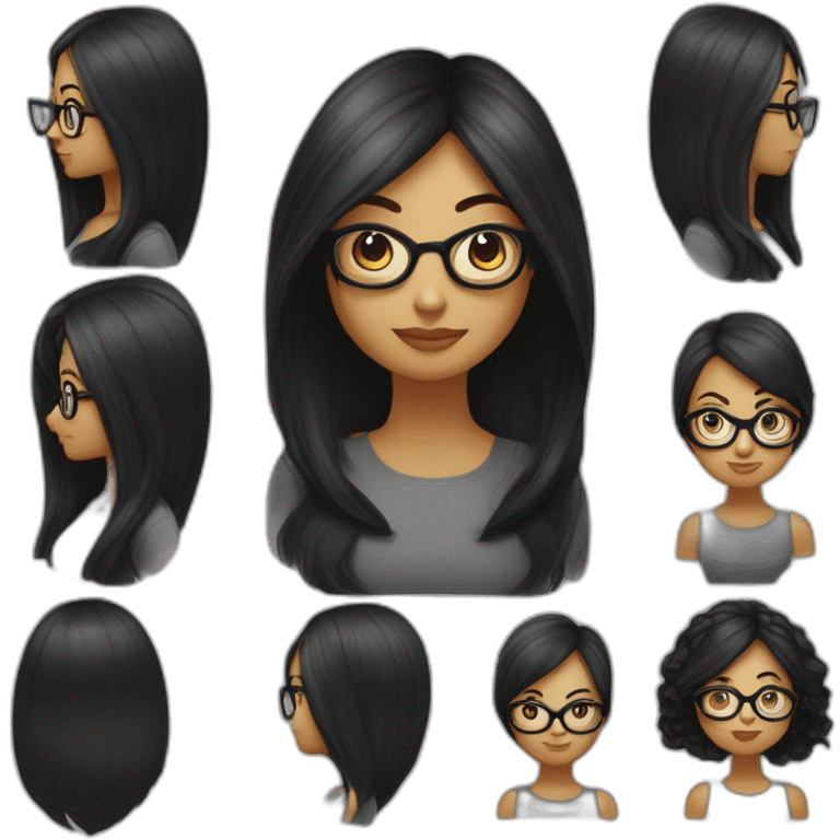 une fille avec de long cheveux noir lisse, la peau blanche ,et avec des lunette (en forme de carrer un peu déformé) assez grosse comparer a ça tête , portant un pull noir emoji