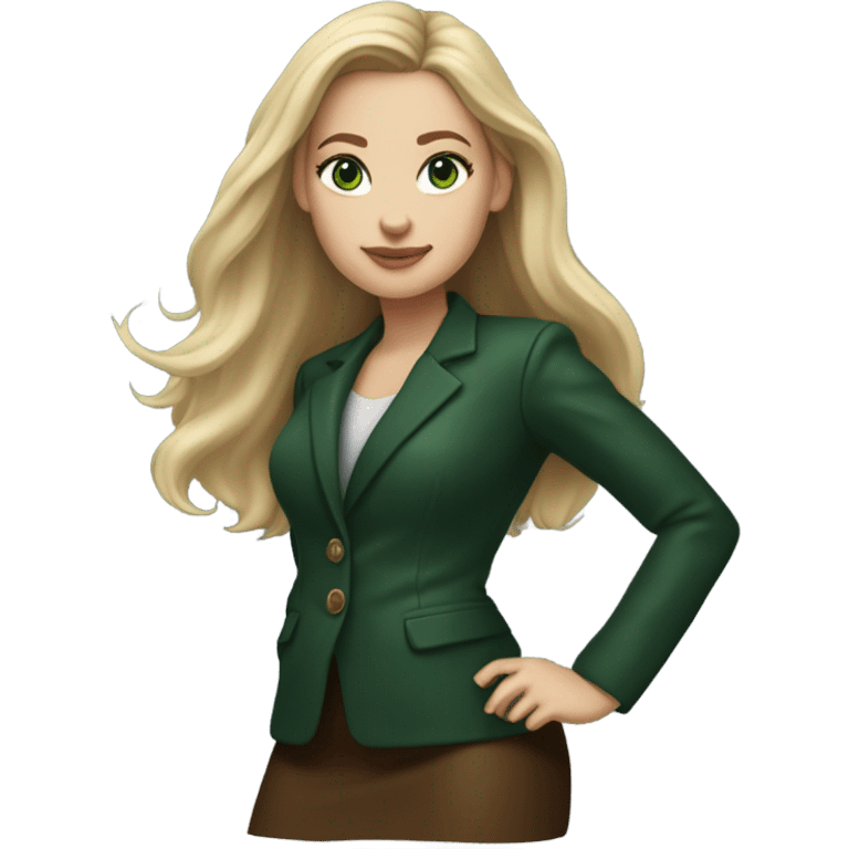 Realistic White woman with Long straight blonde hair and green eyes, dark green Wool oversize blazer, mini skirt and Brown heeled leather boots  emoji