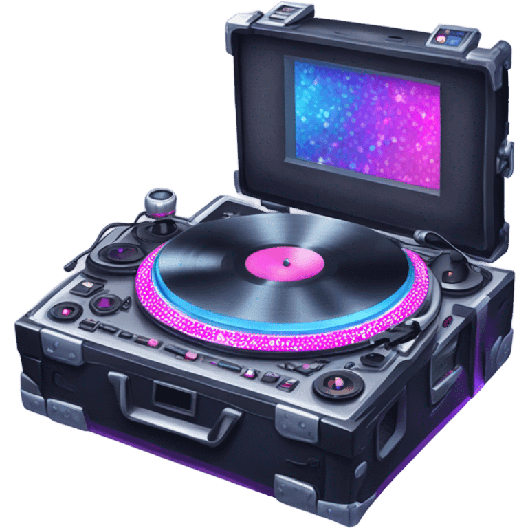 Realistic isolated DJ turntables and console setup with pink,blue,and purple sparkling diamonds and rhinestones on it. emoji