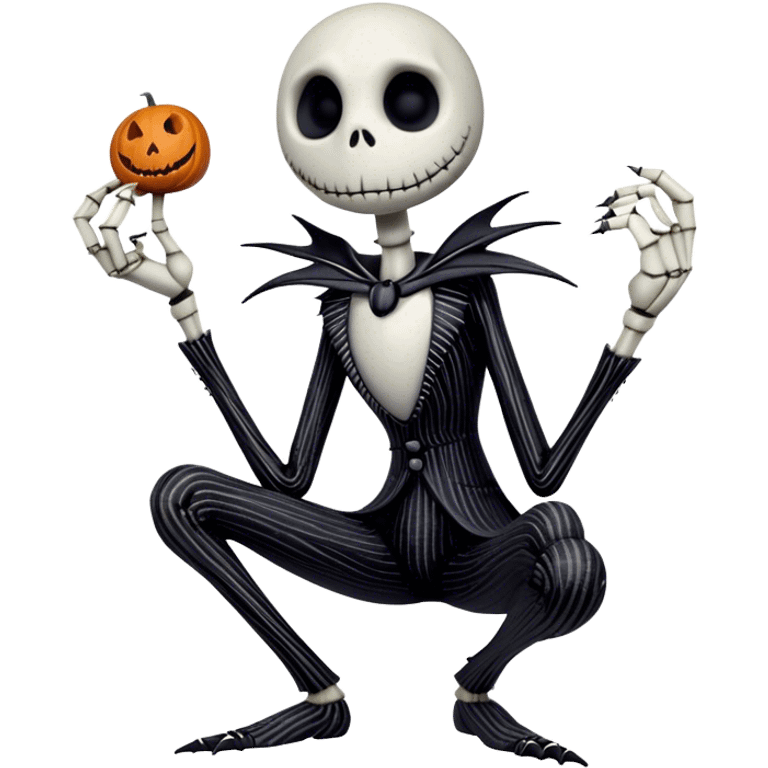 Full body view Cinematic 3D ultra realistic 32K HD image of Jack skellington squatting, stunning detail as though captured in a timeless photograph, rich textures, visually rich, so lifelike that it feels like it could leap off the page at any moment emoji