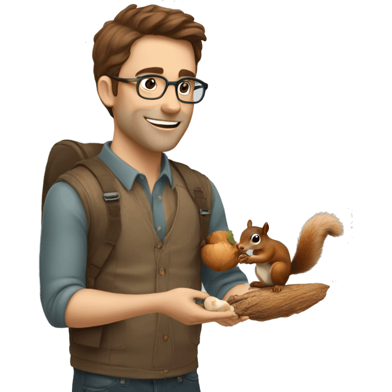 A man with brown hair, glasses and fair skin, feeds a squirrel with nuts emoji