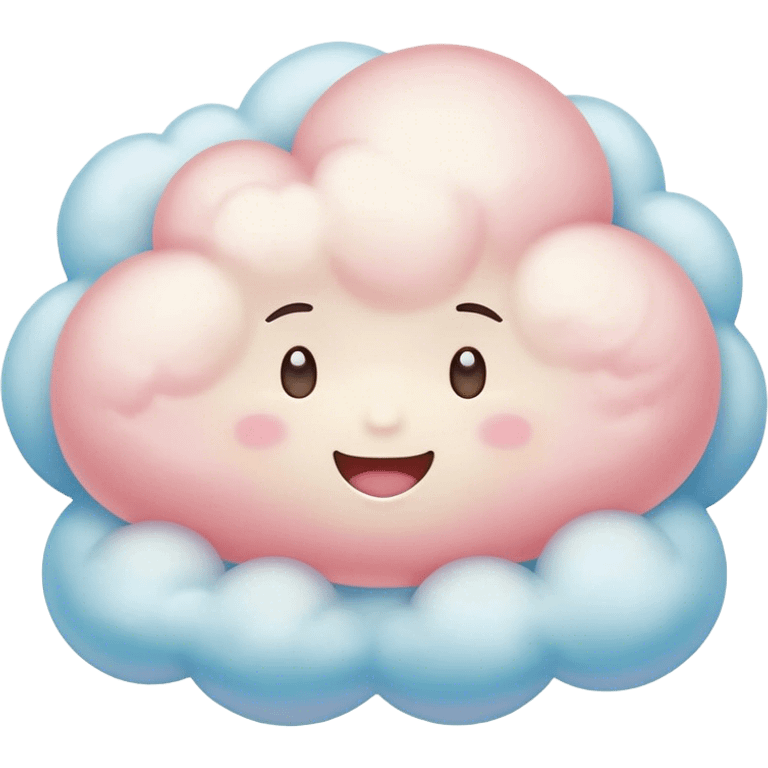 Cinematic round pastel cloud, soft puffy texture, gentle glowing edges, tiny happy face with blushing cheeks, floating in a dreamy sky, warm and magical. emoji