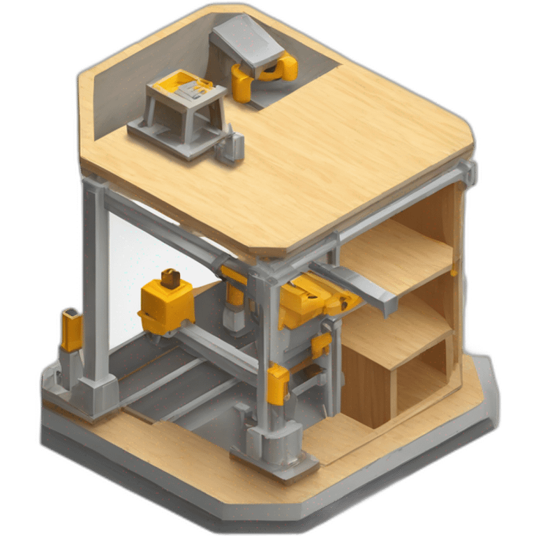 isometric hexagon transparent solid borders containing indoor creative factory woodshop metalshop people active working cnc machine tools simple clean industrial makerspace concrete #edc31b  emoji