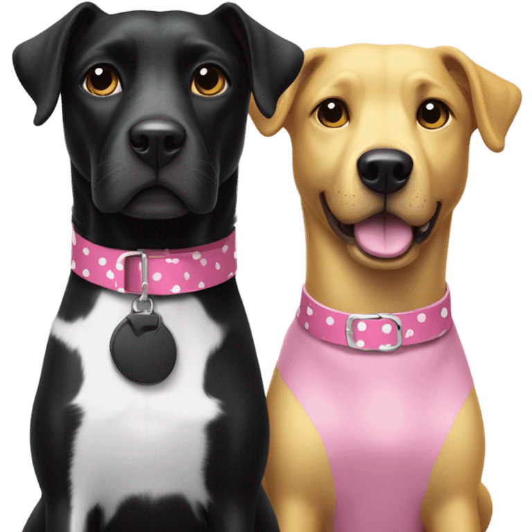 Black dog with white spotty legs and pink collar sitting next to bigger black dog with white legs and yellow collar emoji