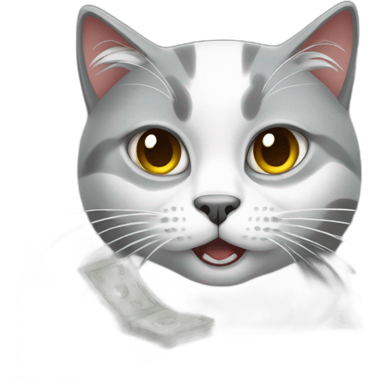 angry gray and white norwegian cat with money emoji