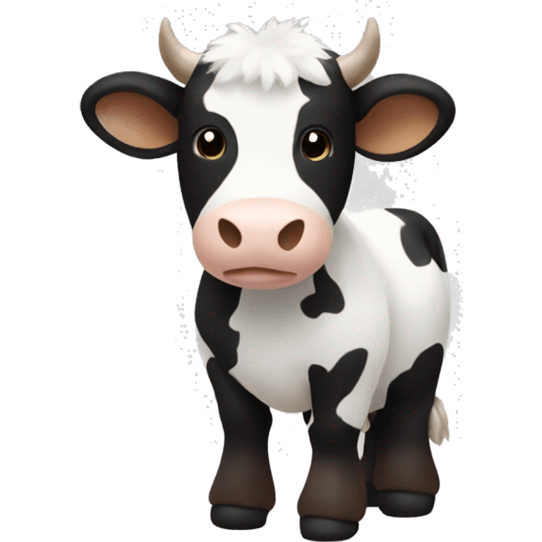 A stuffed animal cow that is fluffy black white and brown  emoji