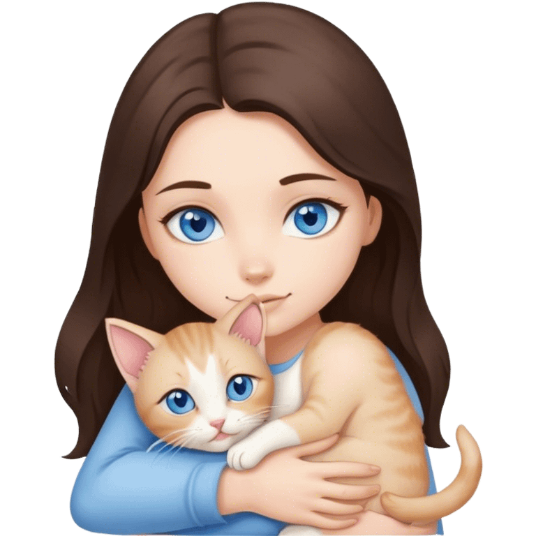 brunette girl with blue eyes hugs beige kitten  emoji