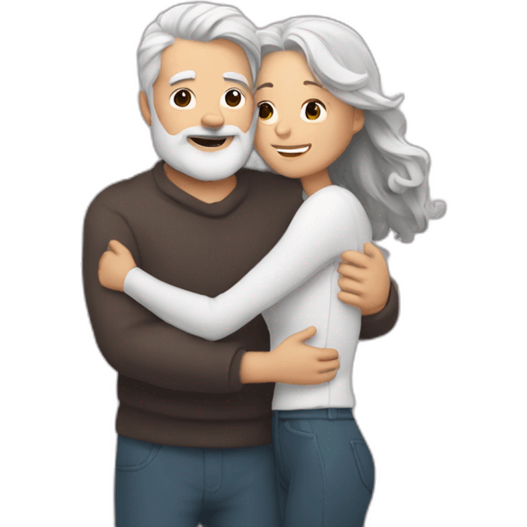 Man with gray hair and white beard hugs woman with dark brown hair with floating hearts emoji