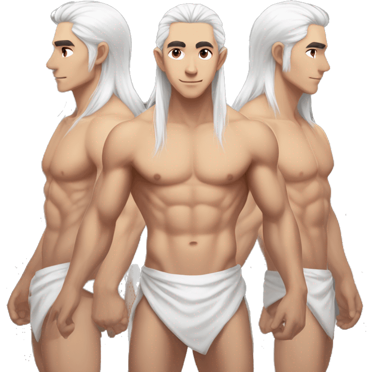 Asian masculine full body shirtless abs long white hair elf  emoji