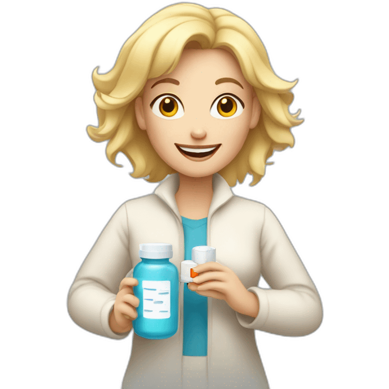 Happy blonde Mom holding pill bottle emoji